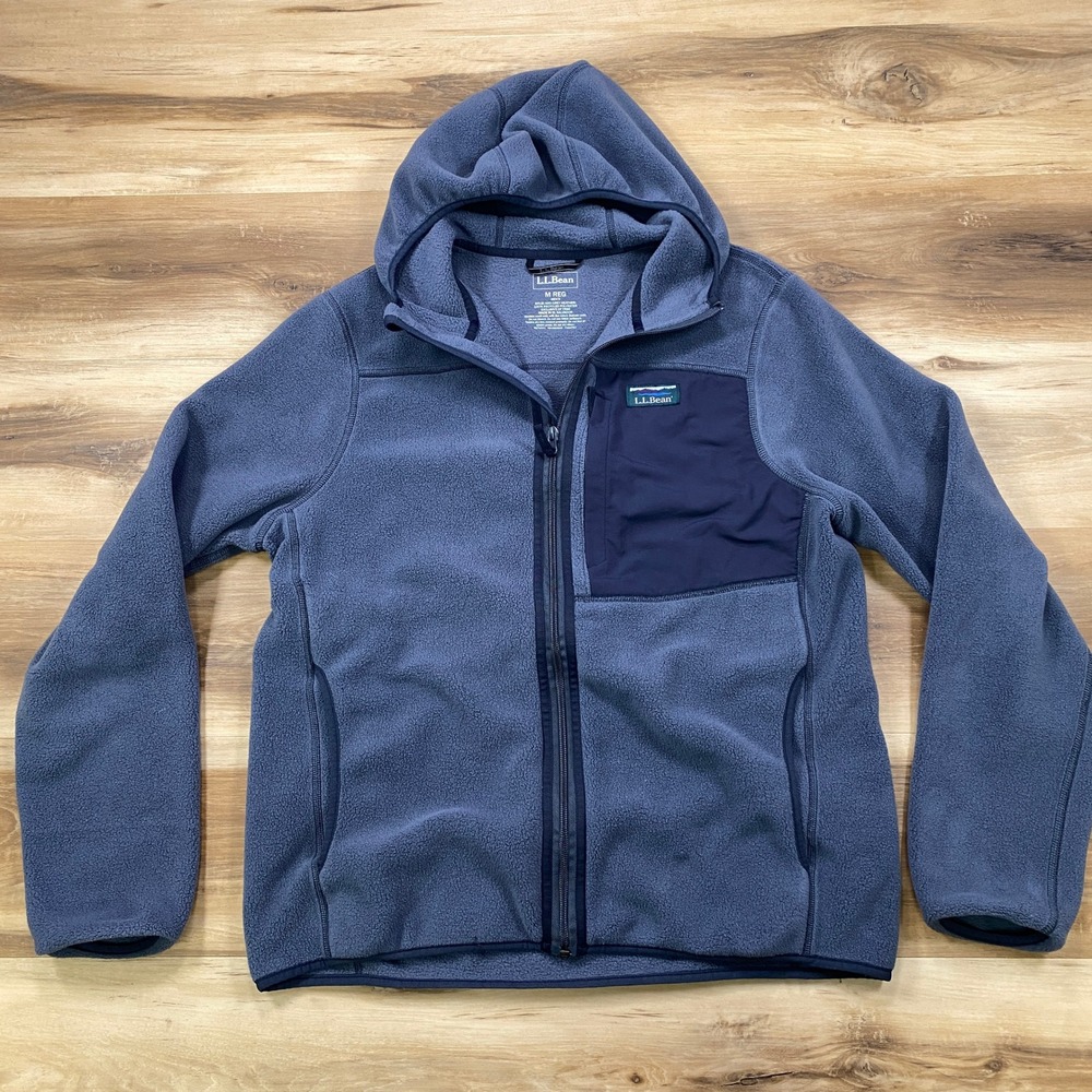 LL Bean Fleece Hoodie Mens Medium Gorpcore Recycled Polyester Full‎ Zip Blue